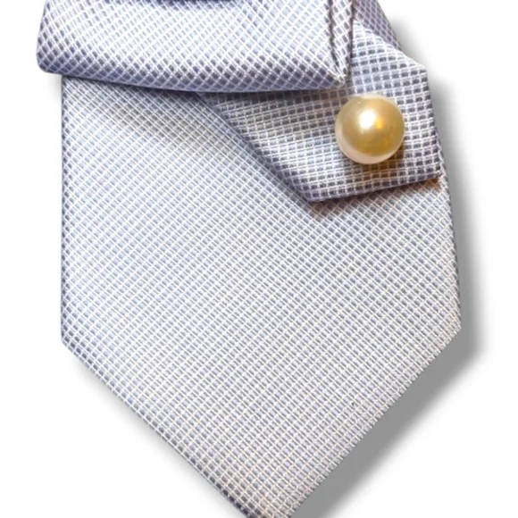 Decorative Light Blue And White Textured Fokded Cravat with Pearl Accents - Picture 6 of 8